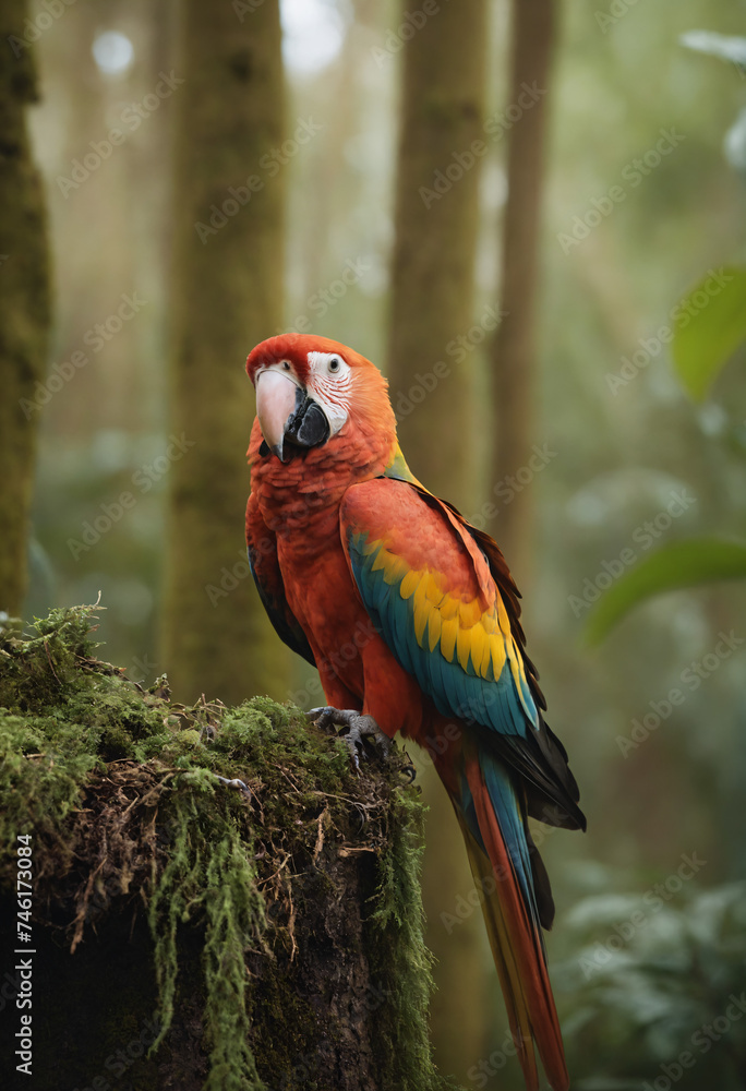 A brightly coloured Ara on a branch in the rainforest A brightly coloured Ara on a branch in the rainforest