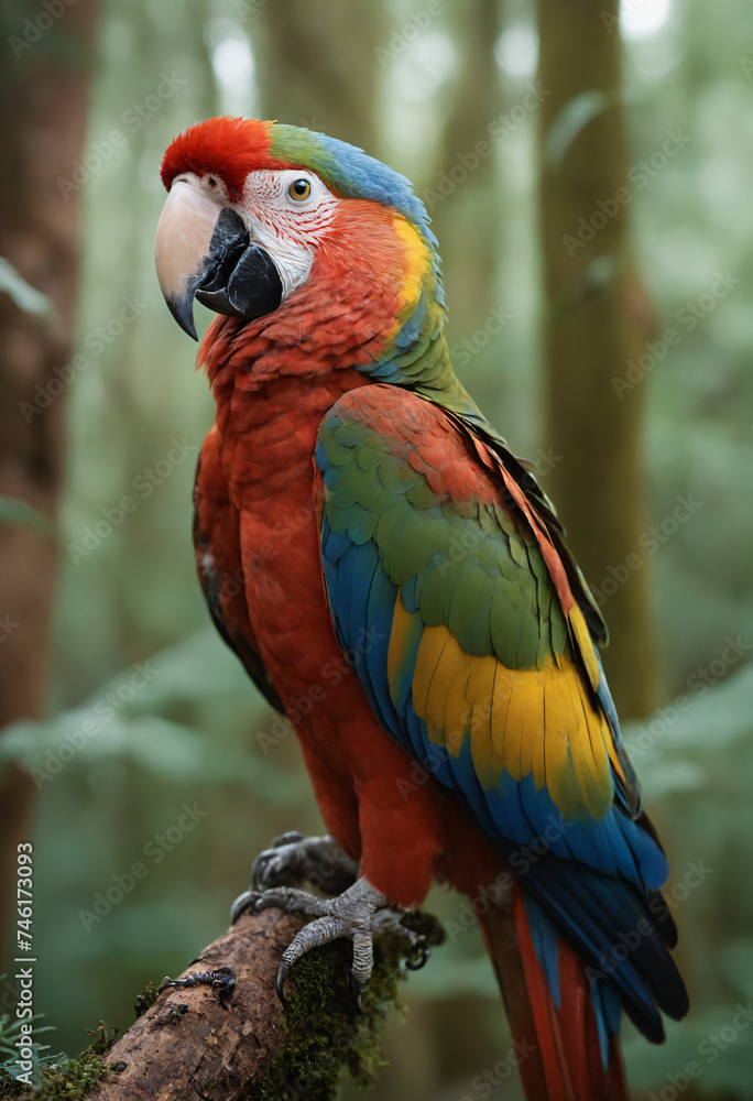 A brightly coloured Ara on a branch in the rainforest A brightly coloured Ara on a branch in the rainforest