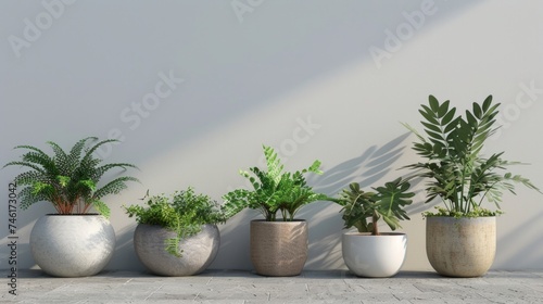 Collection of various plants in different pots. Potted house plants on shelf against wall.