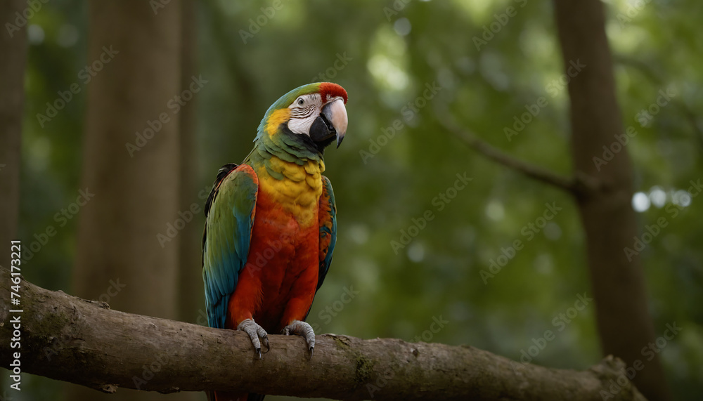 Obraz premium A brightly coloured Ara on a branch in the rainforest