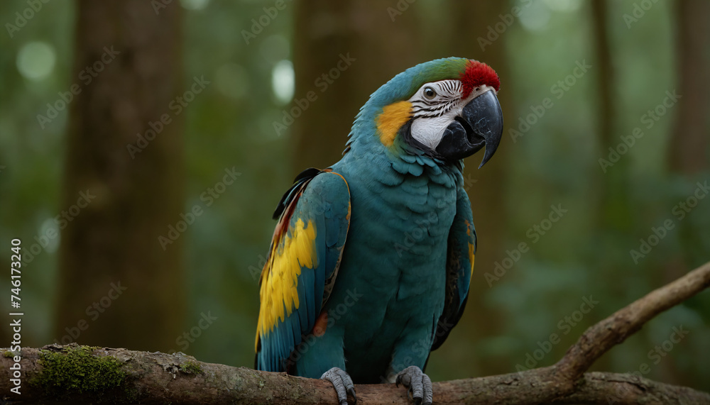 Obraz premium A brightly coloured Ara on a branch in the rainforest