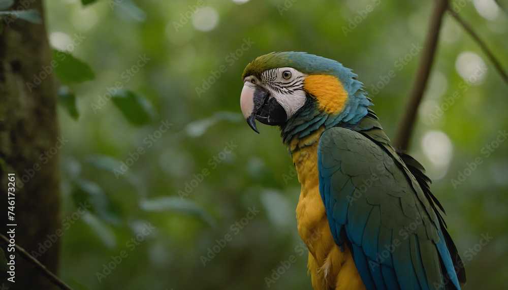 A brightly coloured Ara on a branch in the rainforest A brightly coloured Ara on a branch in the rainforest