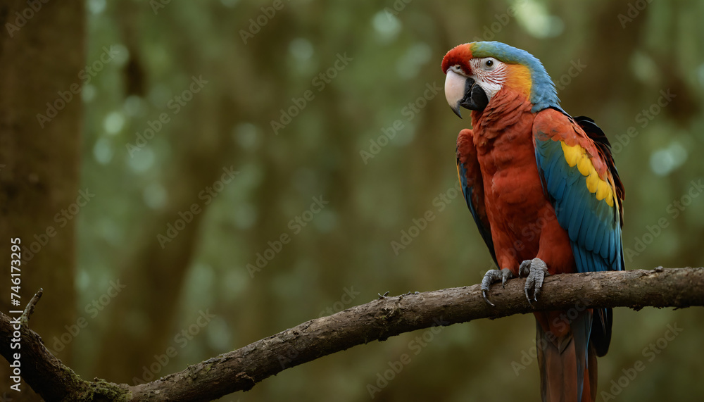Obraz premium A brightly coloured Ara on a branch in the rainforest