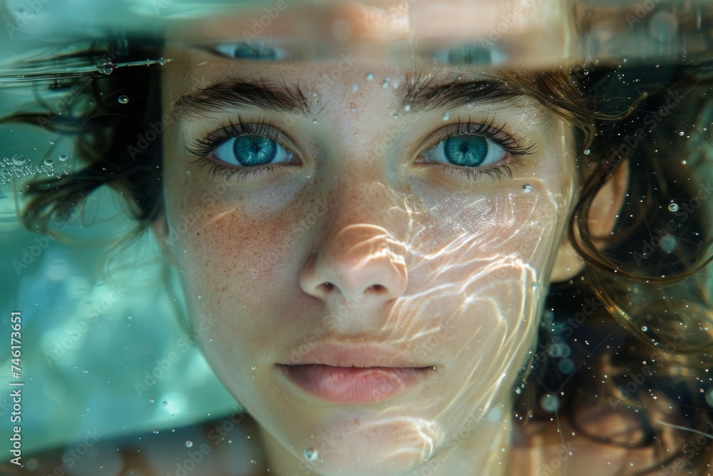 Close-up portrait of a young woman submerged in water