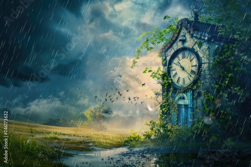 Ethereal clock tower amidst a tempest, reflecting the enduring passage of time through the ever-changing weather photo