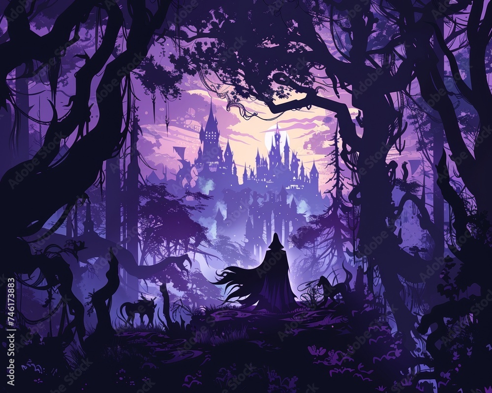 A dark enchanting forest scene with a powerful warlock mythical beasts and the distant silhouette of knights and a castle A dark enchanting forest scene with a powerful warlock mythical beasts and the distant silhouette of knights and a castle