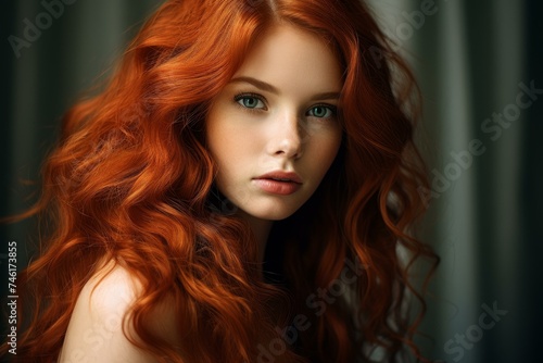 Long Red hair street. Fashion model face. Generate Ai