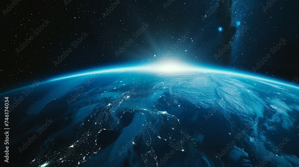 Blue Earth in space surrounded by a glowing ozone layer white clouds visible amidst a galaxy backdrop