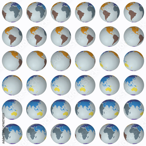Collection of planet globes. Normal sphere view. Rotation step 10 degrees. Colored continents style. World map with graticule lines on lightness background. Enchanting vector illustration.