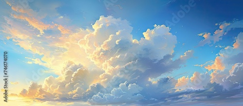 A painting capturing the graceful dance of enchanting clouds in the vast sky as they reflect on the calm waters, portraying a perfect portrait of serenity and wonder.