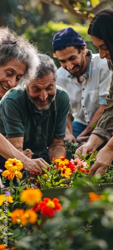Happy families interacting and planting flowers in a communal garden