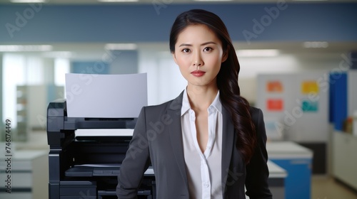 Businesswoman standing next to a photocopier 