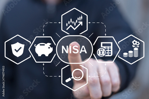 Man using virtual touch interface presses abbreviation: NISA. Nippon Individual Savings Account ( NISA ) fnance investing trading concept. NISA - new tax-free investment system. photo