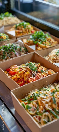 Popular food truck all dishes served in earth friendly biodegradable boxes photo
