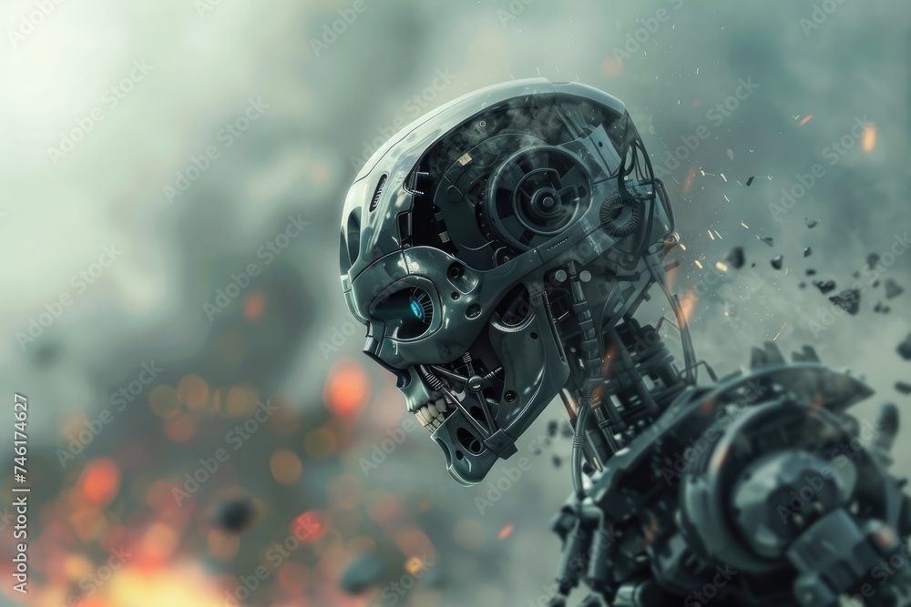 World war destruction concept. Artificial intelligence robot at combat. Fire and devastation. AI Generated