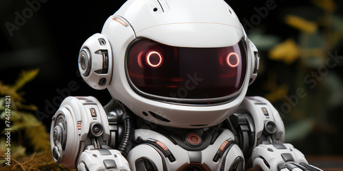 A white humanoid robot seated with glowing red eyes, suggesting advanced AI photo