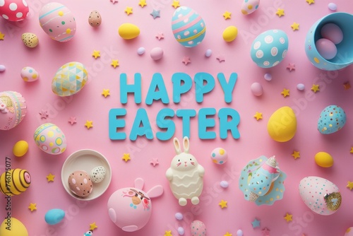 Colorful Easter arrangement with decorated eggs, bunny figurines, and lettering on pink background