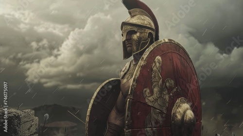 A Spartan Hoplite proudly displays the emblem of his city on his shield ready to defend it with his life. photo