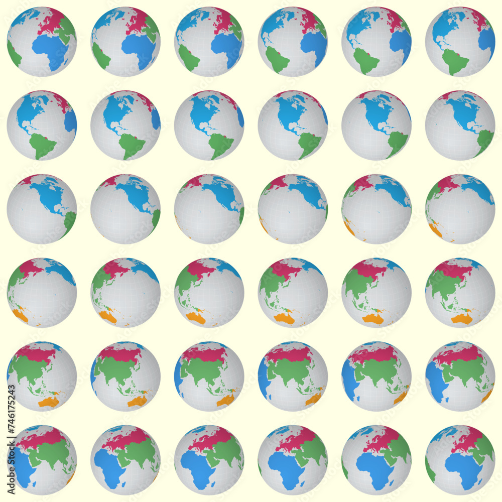 Collection of planet globes. Slanted sphere view. Rotation step 10 degrees. Colored continents style. World map with sparse graticule lines on bright background. Beautiful vector illustration. Collection of planet globes. Slanted sphere view. Rotation step 10 degrees. Colored continents style. World map with sparse graticule lines on bright background. Beautiful vector illustration.