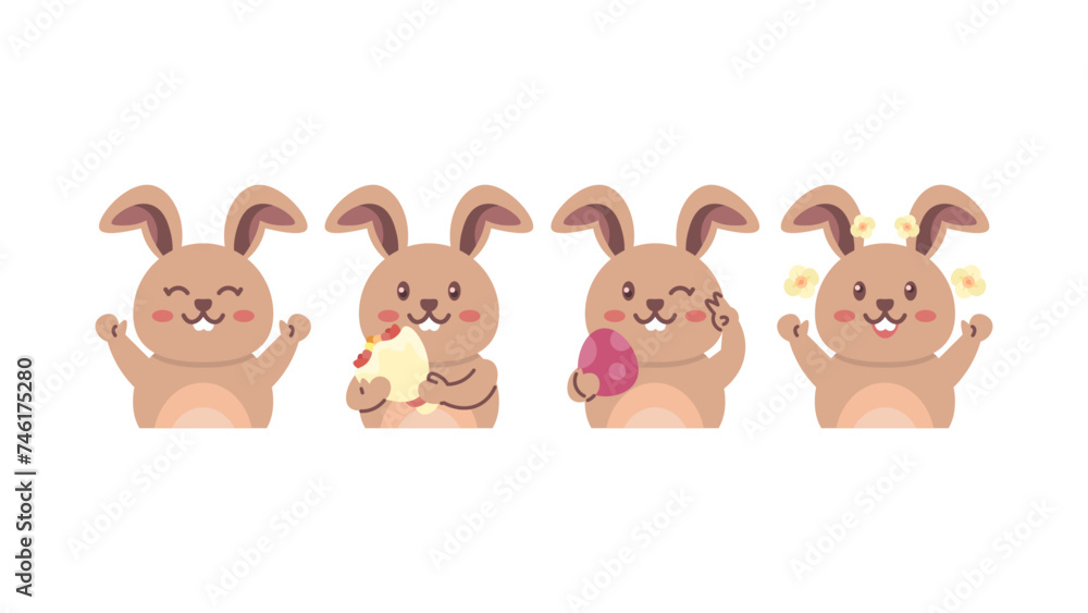 Illustration of the Easter Bunny. The rabbit holds an Easter egg and a bouquet of flowers. brown rabbits. Set or collection of funny, cute, and adorable animal characters illustrations. graphic Illustration of the Easter Bunny. The rabbit holds an Easter egg and a bouquet of flowers. brown rabbits. Set or collection of funny, cute, and adorable animal characters illustrations. graphic