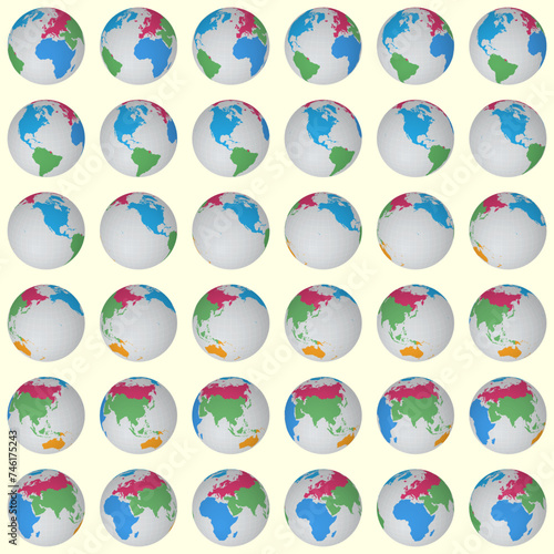 Collection of planet globes. Slanted sphere view. Rotation step 10 degrees. Colored continents style. World map with sparse graticule lines on bright background. Beautiful vector illustration.