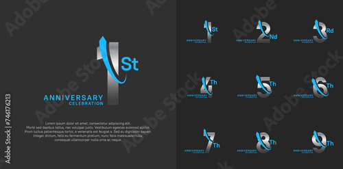 anniversary vector set. silver color with blue swoosh can be use for celebration