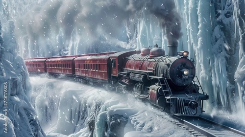 A train making its way through a blizzard with ice covered trees and frozen waterfalls in the North Pole photo