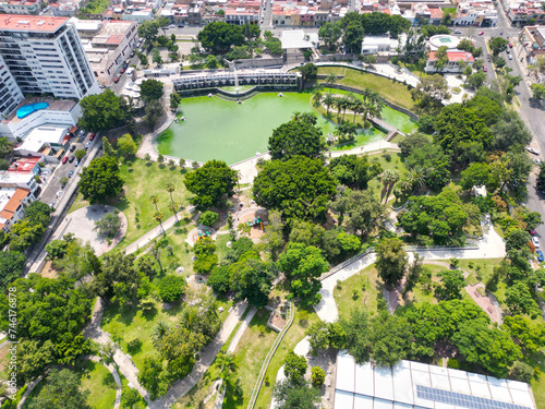 Horizontal Aerial Panorama: Parque Alcalde, Guadalajara Mexico - Trees and Lake View