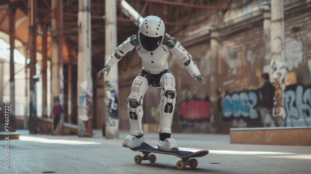 The skillful maneuvers of a robot skateboarder in a skate park The skillful maneuvers of a robot skateboarder in a skate park