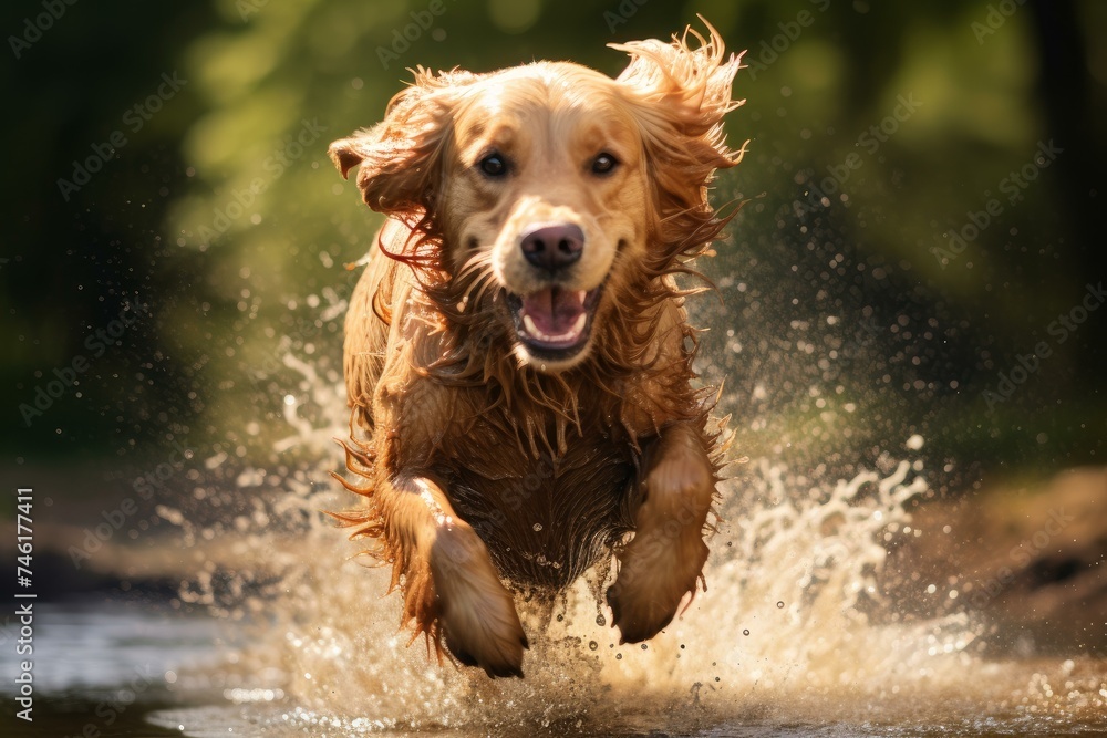 Energetic Retriever dog running fast in natural field. Happy puppy dog springing and sprinting outside. Generate ai