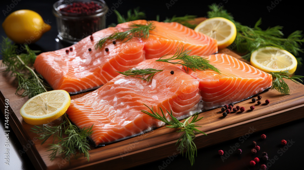Raw salmon steaks ready for cooking with aromatic herbs Raw salmon steaks ready for cooking with aromatic herbs
