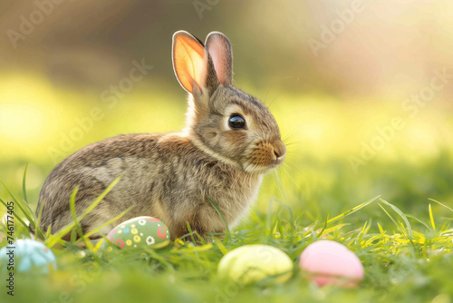 little cute bunny with colorful eggs for easter on a green meadow on background in studio  easter card