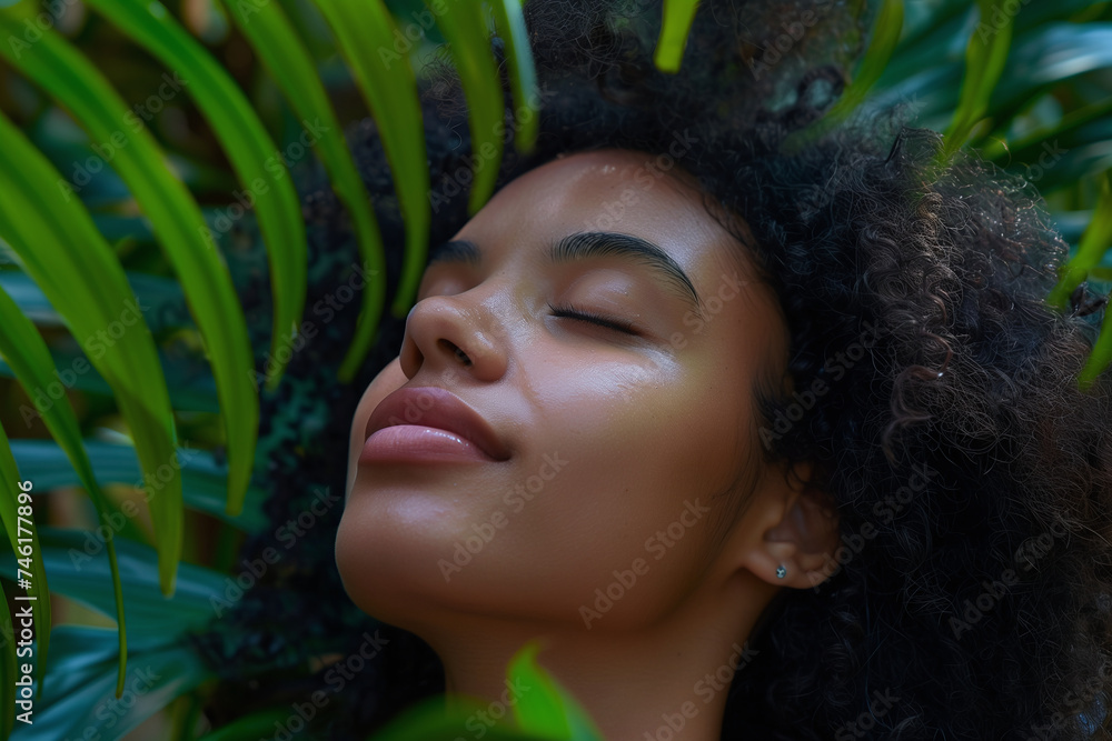 A young African American woman with curly hair lies back, her face expressing serene joy surrounded by vibrant green leaves. A young African American woman with curly hair lies back, her face expressing serene joy surrounded by vibrant green leaves.