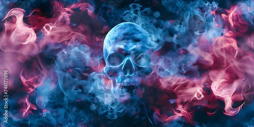 Sinister skullshaped smoke in vibrant blue and pink hues on black backdrop seamless background. Concept Smoke Photography, Skull Shape, Vibrant Blue, Pink Hues, Black Backdrop