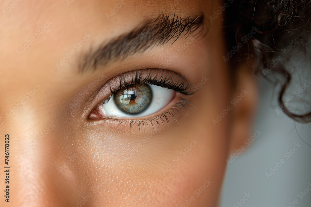 Close-up of a young person's eye, with detailed eyelashes and a clear reflection on the iris. Close-up of a young person's eye, with detailed eyelashes and a clear reflection on the iris.