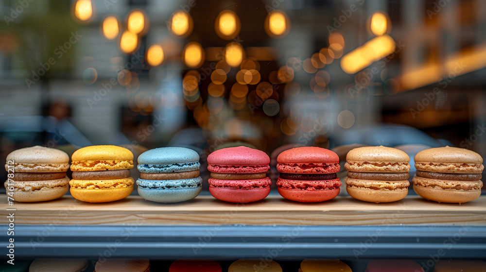 Assorted macarons in a window display, with a cozy café interior backdrop.