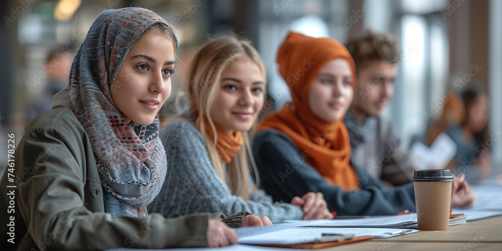 Multiracial students with focus on young women wearing hijabs engaging in classroom activity Multiracial students with focus on young women wearing hijabs engaging in classroom activity