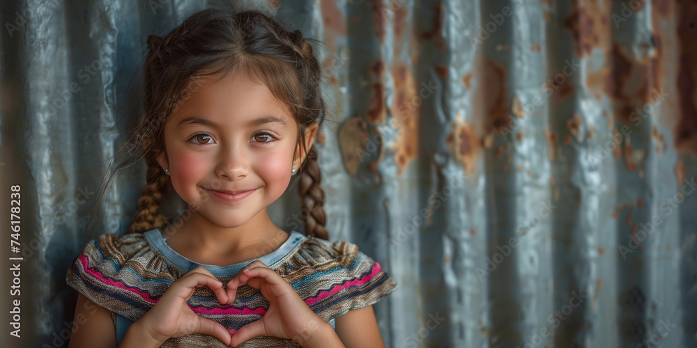 Fototapeta premium Smiling young girl making heart sign, rustic background