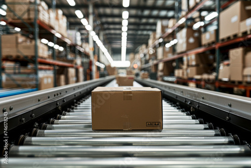 Cardboard box on conveyor belt in a modern distribution warehouse.