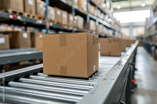 Cardboard box on conveyor belt in a modern distribution warehouse. © Kowit