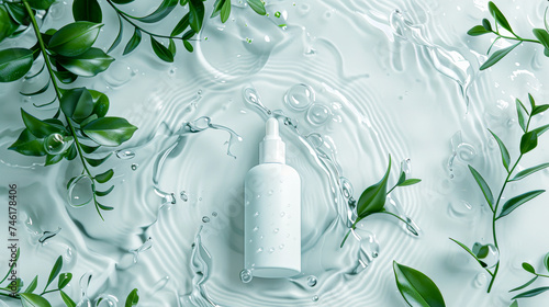 Skincare serum bottle with dropper, amidst water and fresh green leaves. photo