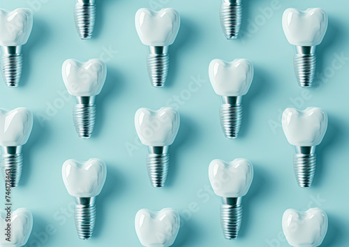 Multiple dental implants with crowns arranged in a pattern on a blue background.