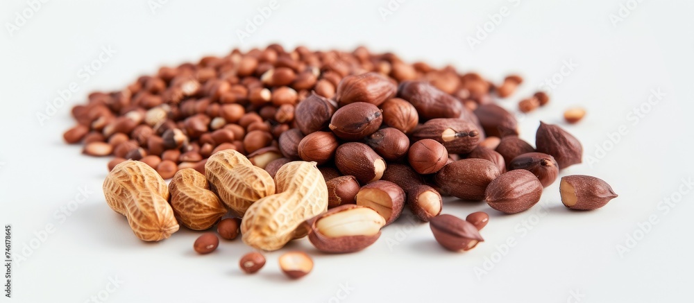 A collection of peanuts with skin and bean pods from South Korea are stacked neatly on a pristine white table, creating a striking contrast. The nuts appear fresh and inviting, ready to be enjoyed. A collection of peanuts with skin and bean pods from South Korea are stacked neatly on a pristine white table, creating a striking contrast. The nuts appear fresh and inviting, ready to be enjoyed.