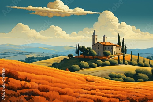 Picturesque Retro italian landscape view. House european. Generate Ai