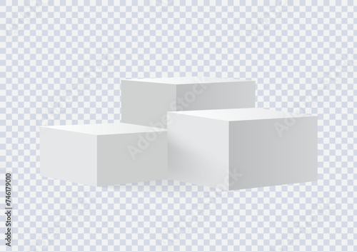 Three blank square podiums stand to show products on transparent background, Vector illustration.