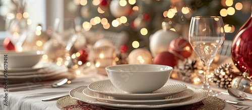 A festive table set for Christmas dinner with a beautifully decorated table and a Christmas tree in the background.