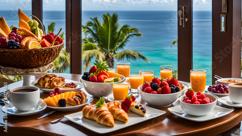 The hotel's rich and delicious breakfast, fruits and desserts, and the beautiful tropical scenery outside the window
