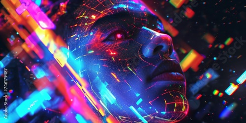 A holographic selfportrait the subject adorned with neon body paint and surrounded by glitchy digital patterns.