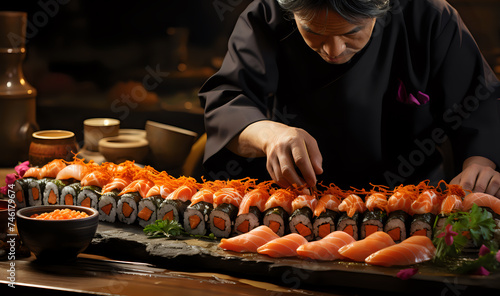 Master Sushi Chef at Work. A skilled sushi chef meticulously prepares an exquisite array of sushi, ideal for culinary arts and dining experiences.