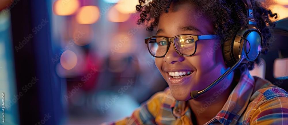 A young boy wearing glasses and a headset is seen joyfully observing a monitor. He is absorbing educational content from online courses remotely and taking notes to enhance his knowledge.